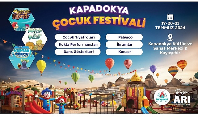 Nevşehir Belediyesi tarafından bu yıl birinci sefer düzenlenecek olan Kapadokya Çocuk Şenliği, 19-21 Temmuz 2024 tarihleri ortasında Kapadokya Kültür ve Sanat Merkezi ve Kayaşehir’de gerçekleştirilecek